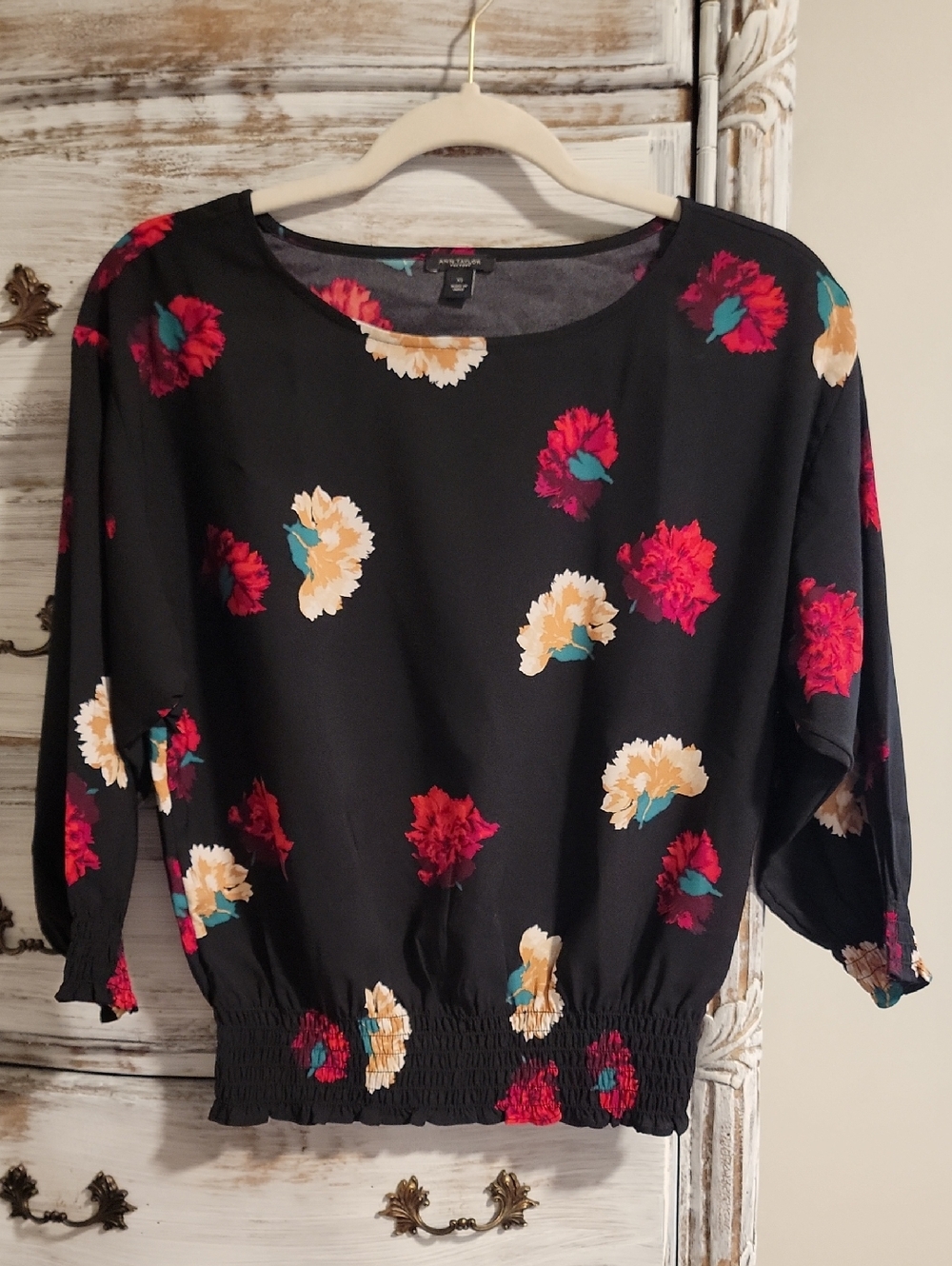 Ann Taylor Factory Black Floral Blouse with Smocked Hem